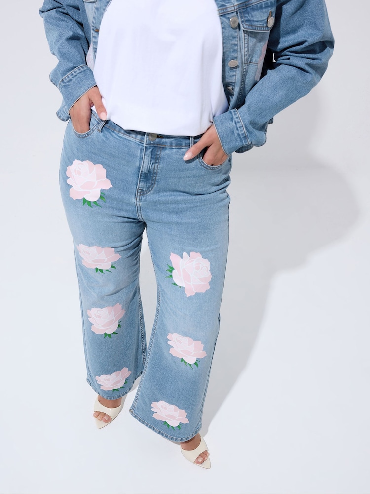 Yours Curve Blue Limited Rose Printed Jeans - Image 1 of 5