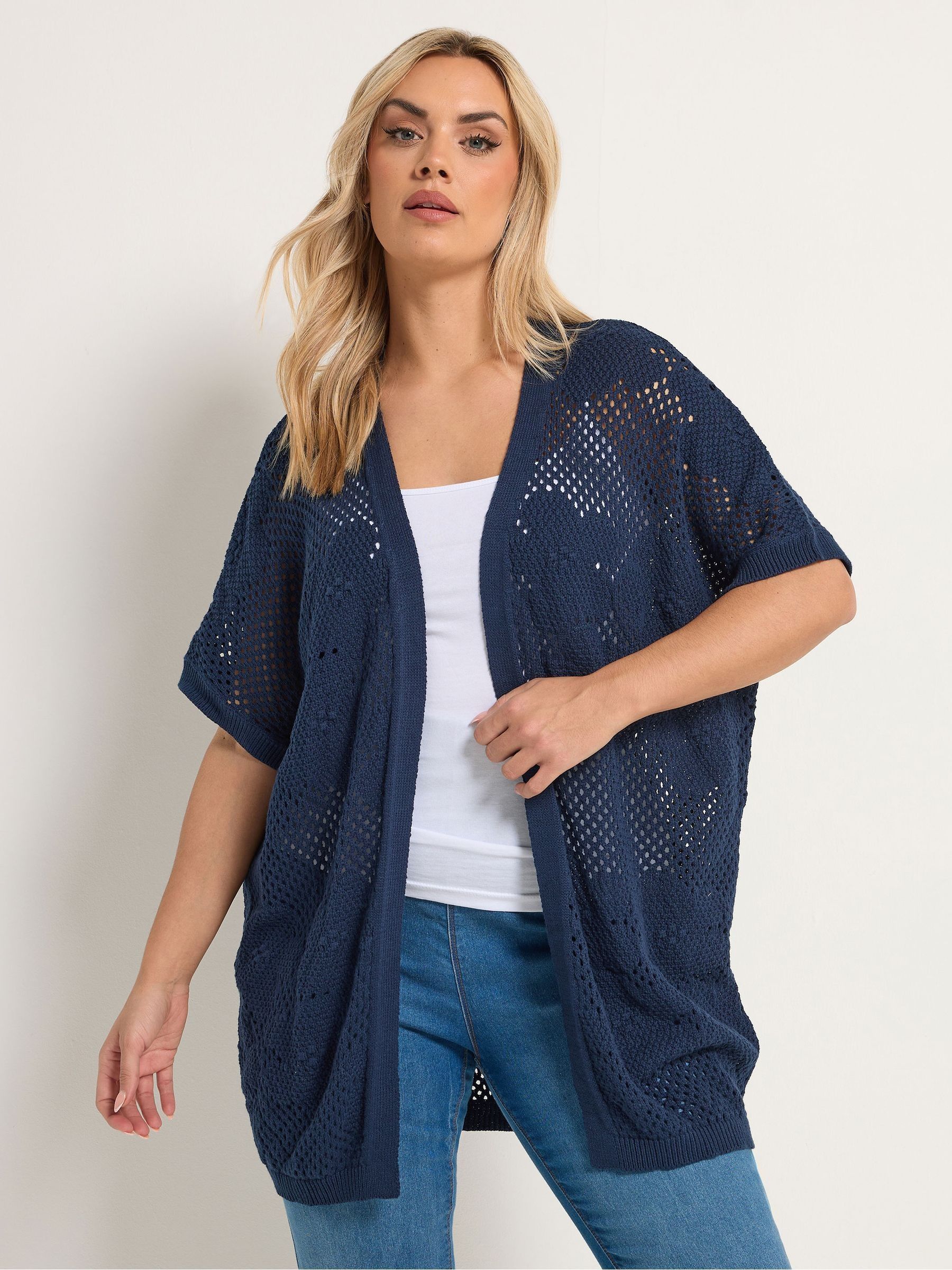 Yours Women's Mid Navy Pointelle Floral Cardigan In Size 30-32 - Image 2