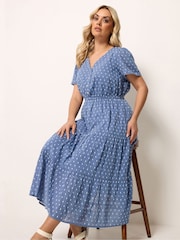 Yours Curve Blue Notch Neck Tiered Swissdot Dress - Image 1 of 5