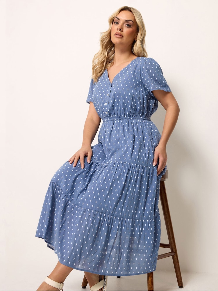 Yours Curve Blue Notch Neck Tiered Swissdot Dress - Image 1 of 5