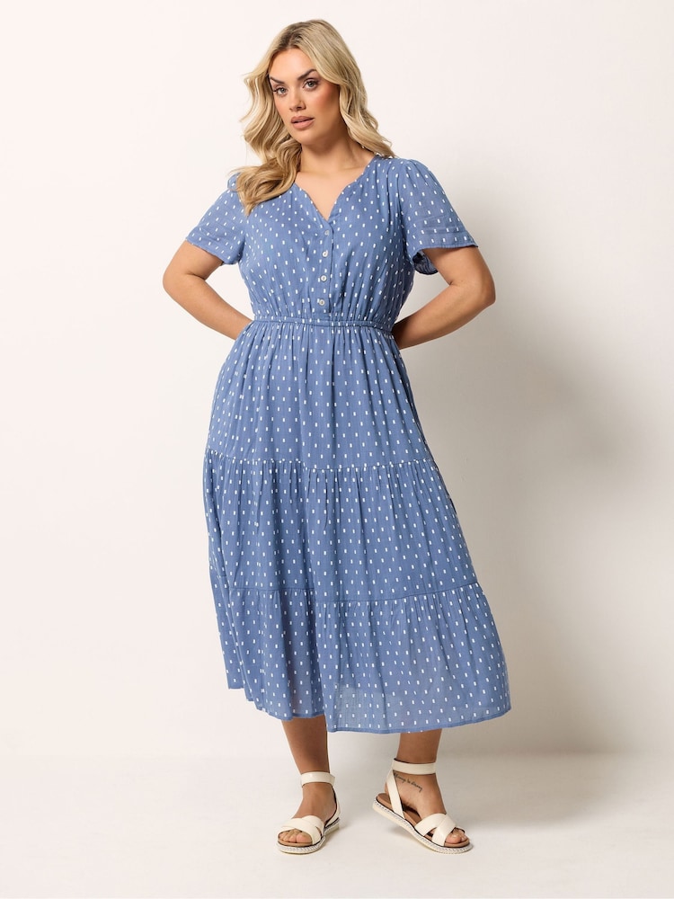 Yours Curve Blue Notch Neck Tiered Swissdot Dress - Image 2 of 5