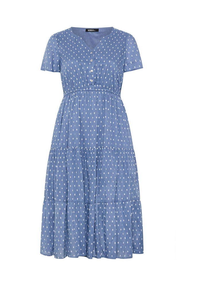 Yours Curve Blue Notch Neck Tiered Swissdot Dress - Image 5 of 5