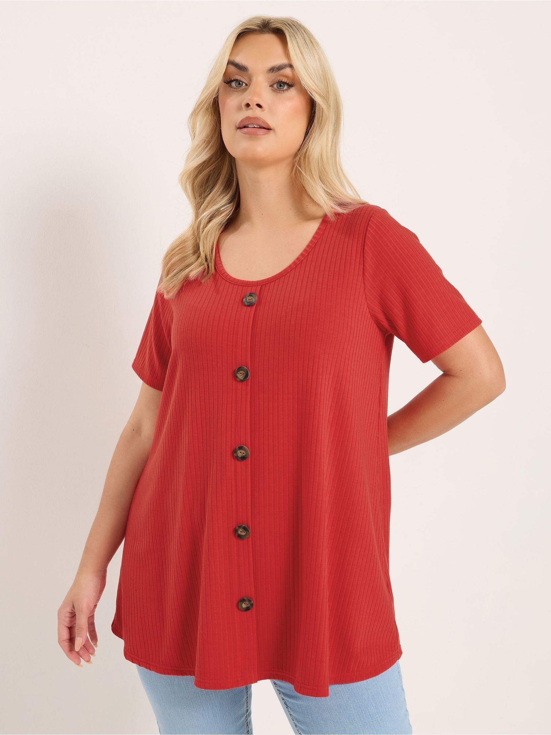 Yours Curve Women's Red Button Detail Swing T-Shirt