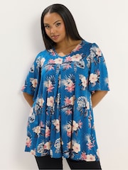 Yours Curve Blue Tropical Pleated Front Top - Image 1 of 5