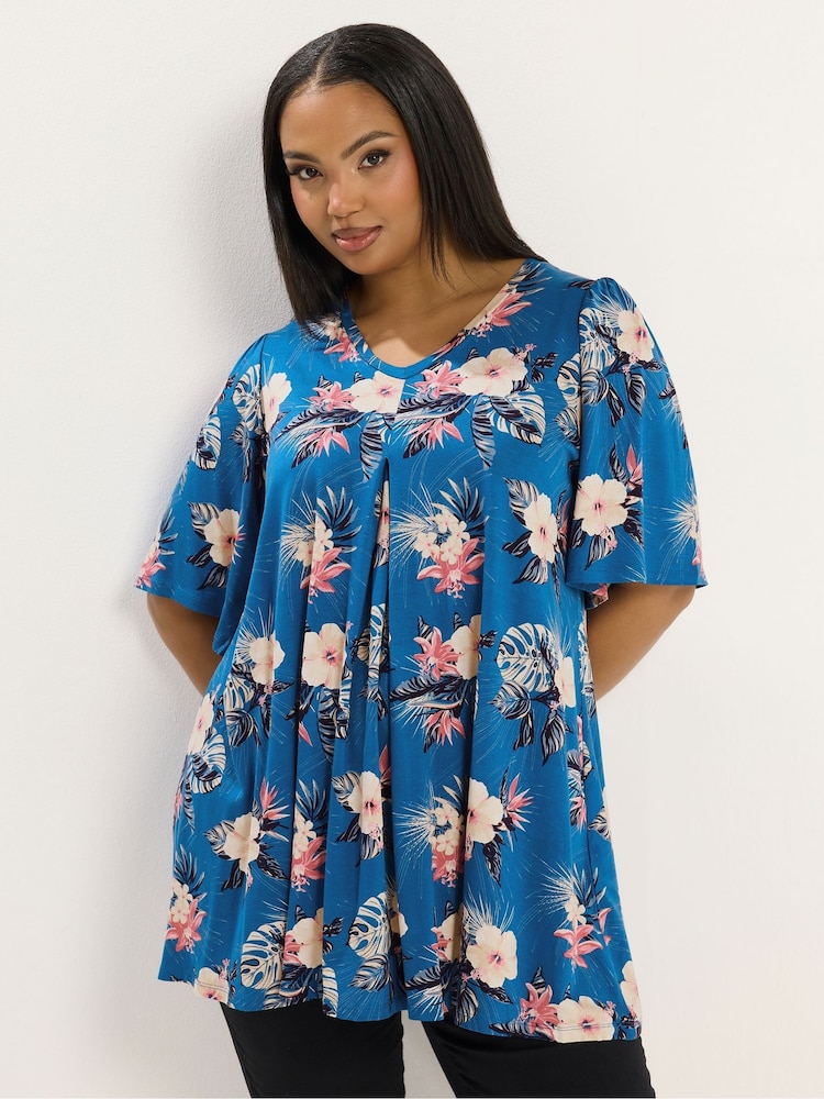 Yours Curve Blue Tropical Pleated Front Top - Image 1 of 5