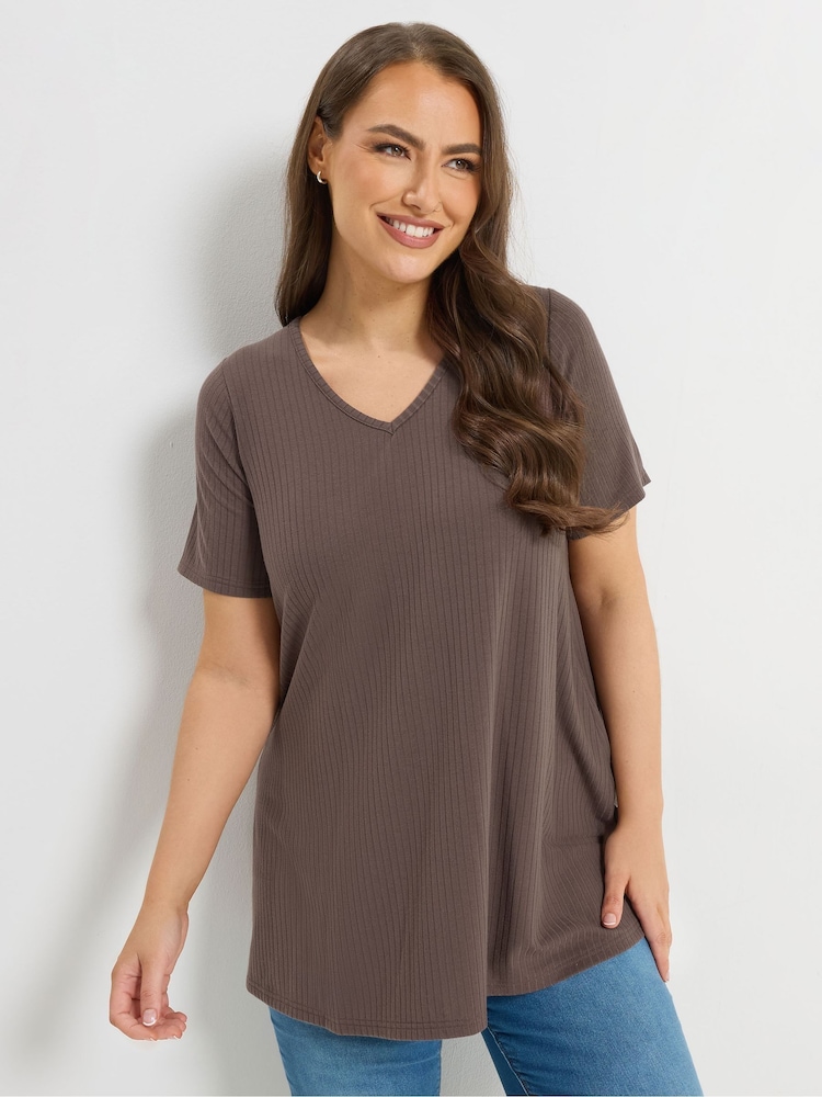 Yours Curve Brown V-Neck Ribbed Swing T-Shirt - Image 1 of 4
