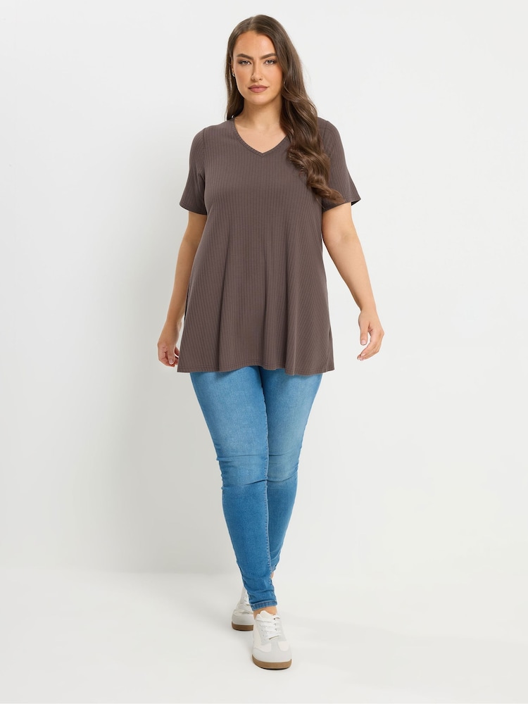 Yours Curve Brown V-Neck Ribbed Swing T-Shirt - Image 2 of 4