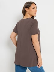 Yours Curve Brown V-Neck Ribbed Swing T-Shirt - Image 3 of 4