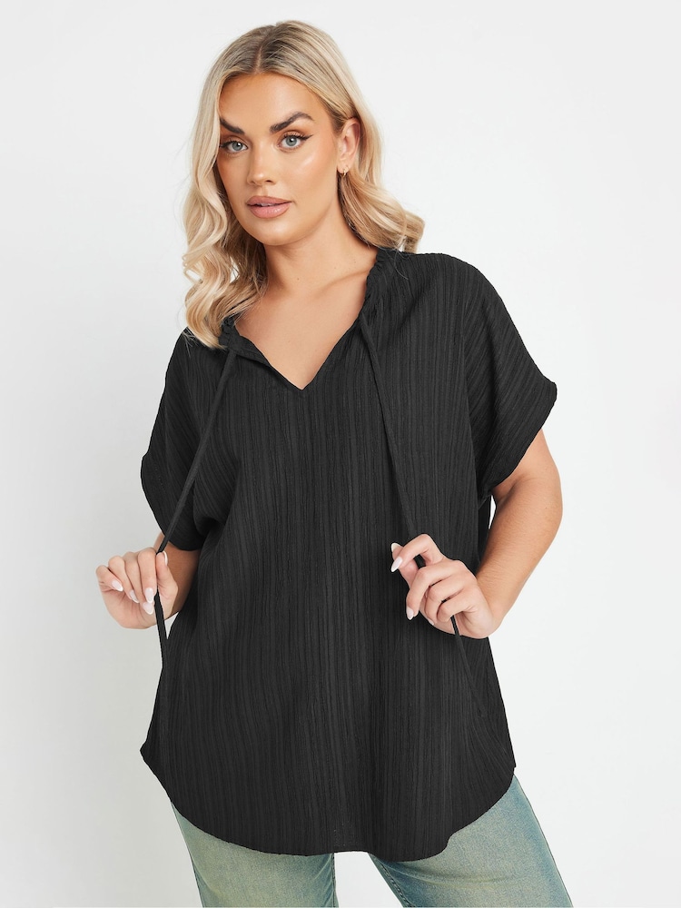 Yours Curve Black Textured Frill Neck Blouse - Image 1 of 4