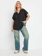 Yours Curve Black Textured Frill Neck Blouse - Image 2 of 4