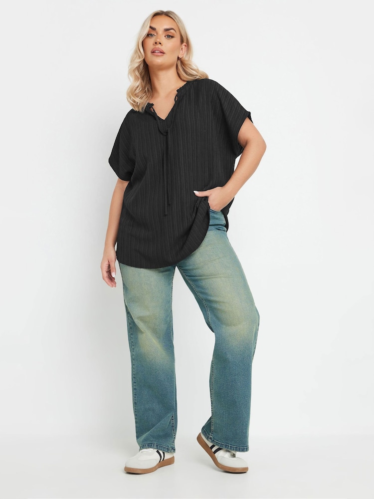 Yours Curve Black Textured Frill Neck Blouse - Image 2 of 4