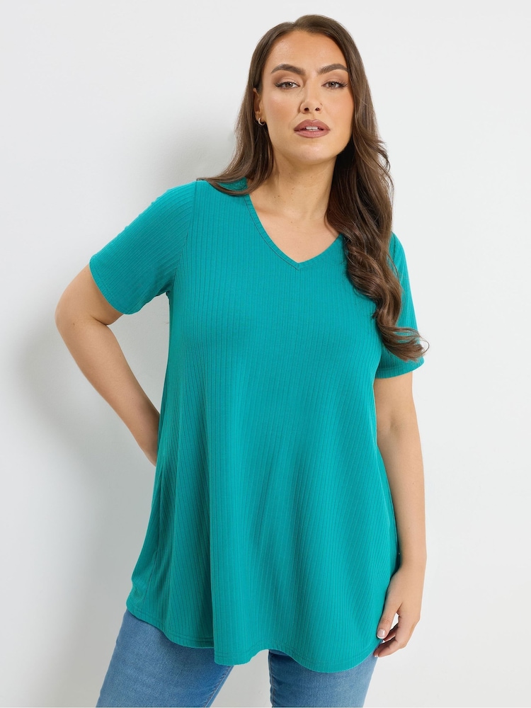Yours Curve Blue V-Neck Ribbed Swing T-Shirt - Image 1 of 4 Yours Curve Blue V-Neck Ribbed Swing T-Shirt - Image 1 of 4
