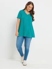 Yours Curve Blue V-Neck Ribbed Swing T-Shirt - Image 2 of 4