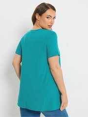 Yours Curve Blue V-Neck Ribbed Swing T-Shirt - Image 3 of 4