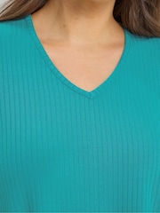 Yours Curve Blue V-Neck Ribbed Swing T-Shirt - Image 4 of 4