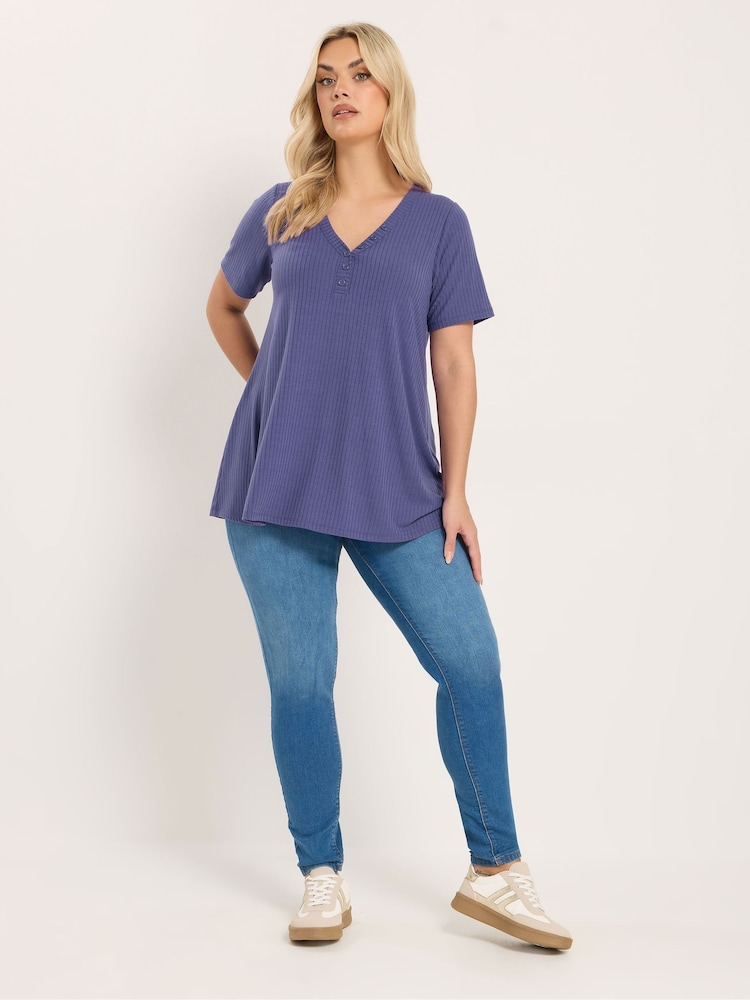Yours Curve Purple Short Sleeve Henley Top - Image 2 of 5
