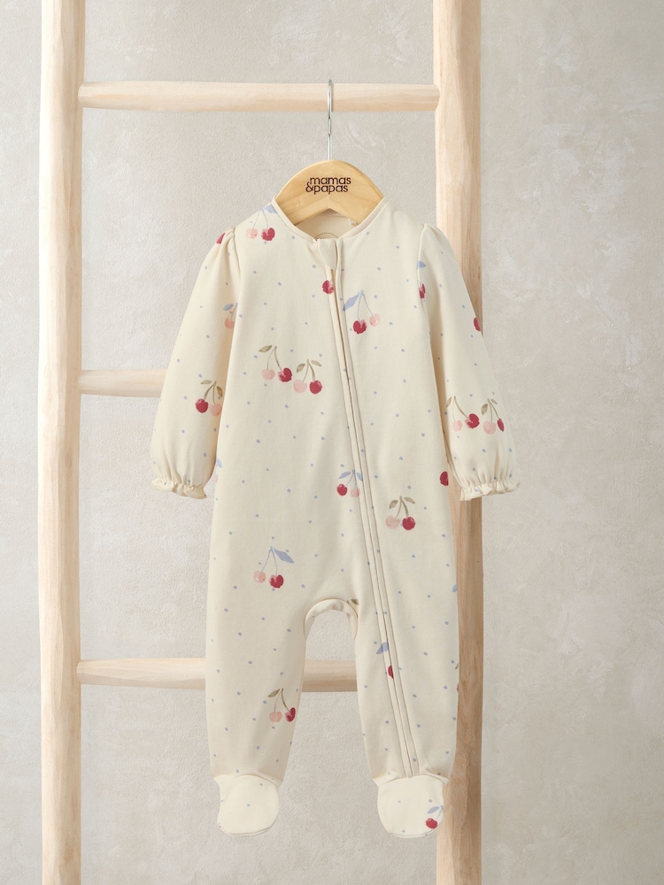 Mamas & Papas Cream Cherry Print Sleepsuit - Image 1 of 3 Mamas & Papas Cream Cherry Print Sleepsuit - Image 1 of 3