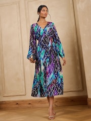 Love & Roses Blue Blurred Metallic Drop Waist Midi Dress - Image 1 of 5