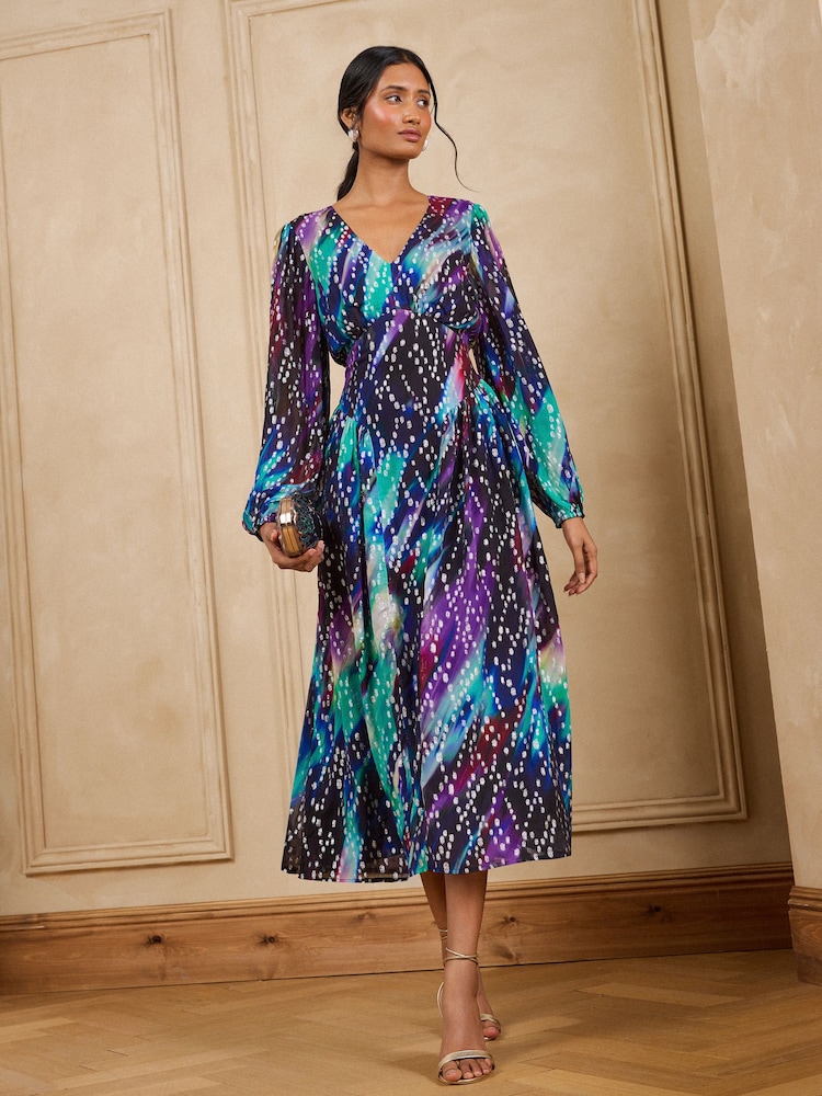 Love & Roses Blue Blurred Metallic Drop Waist Midi Dress - Image 1 of 5