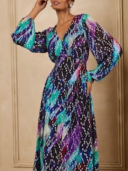 Love & Roses Blue Blurred Metallic Drop Waist Midi Dress - Image 2 of 5