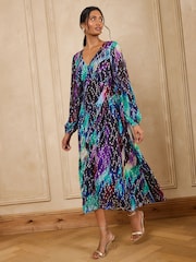 Love & Roses Blue Blurred Metallic Drop Waist Midi Dress - Image 3 of 5