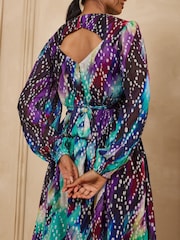 Love & Roses Blue Blurred Metallic Drop Waist Midi Dress - Image 4 of 5