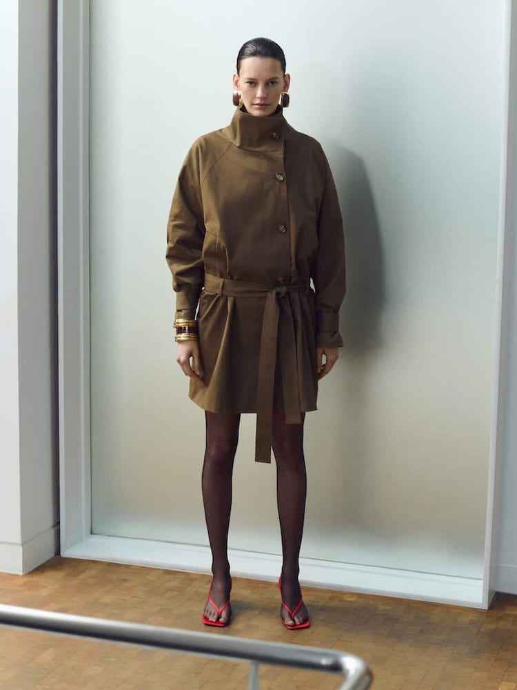 Mango Brown Funnel Neck Belted Trench Coat - Image 1 of 5 Mango Brown Funnel Neck Belted Trench Coat - Image 1 of 5
