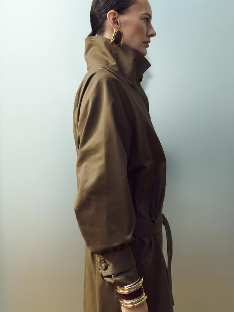 Mango Brown Funnel Neck Belted Trench Coat - Image 2 of 5 Mango Brown Funnel Neck Belted Trench Coat - Image 2 of 5