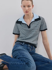Mango Blue Stripe Short Sleeve Polo Jumper - Image 1 of 6