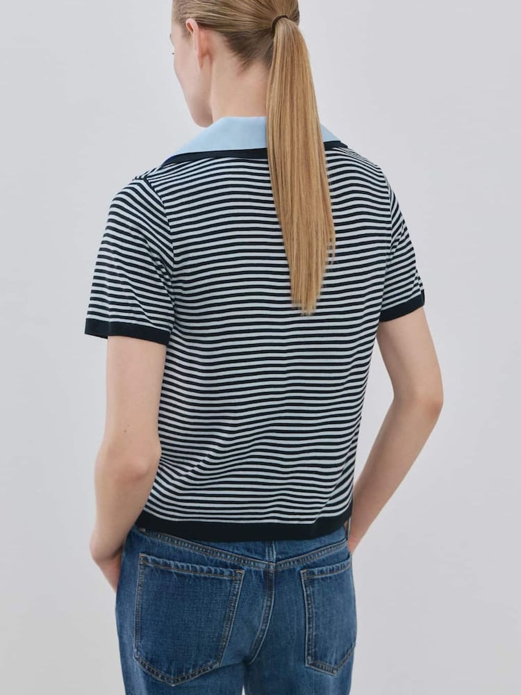 Mango Blue Stripe Short Sleeve Polo Jumper - Image 2 of 6