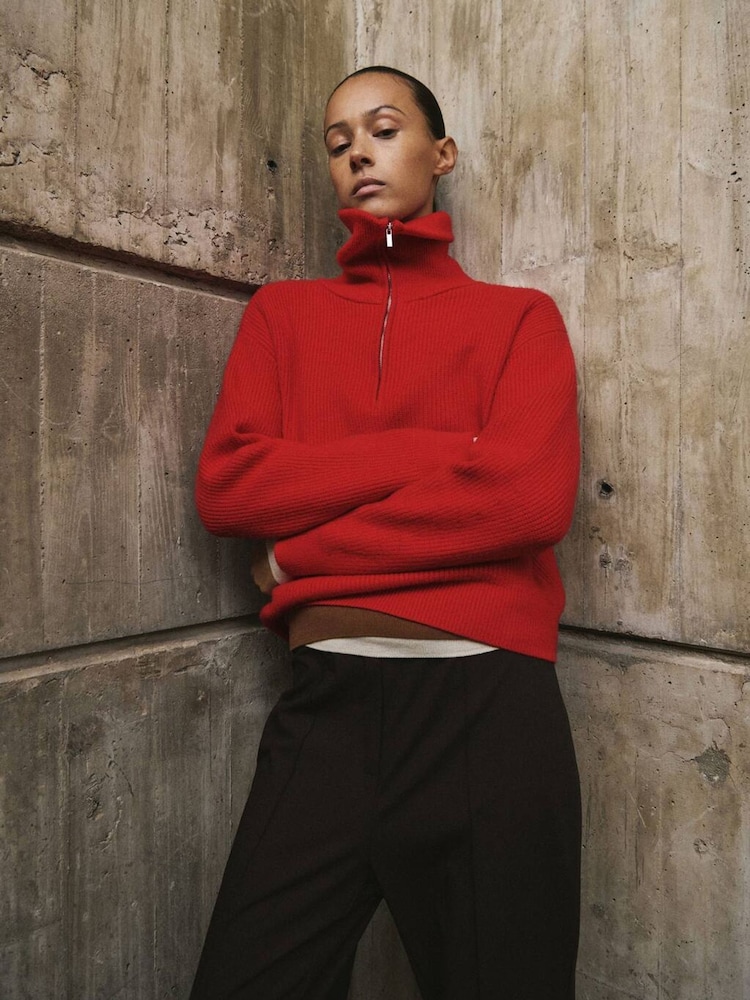 Mango Red Zip Through Long Sleeve Chunky Knit Jumper - Image 1 of 6