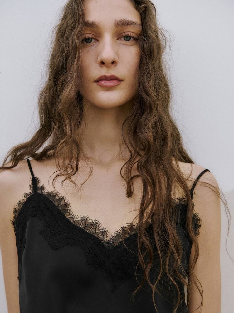 Mango Black Satin Lace Trim Asymmetric Cami Top - Image 1 of 7