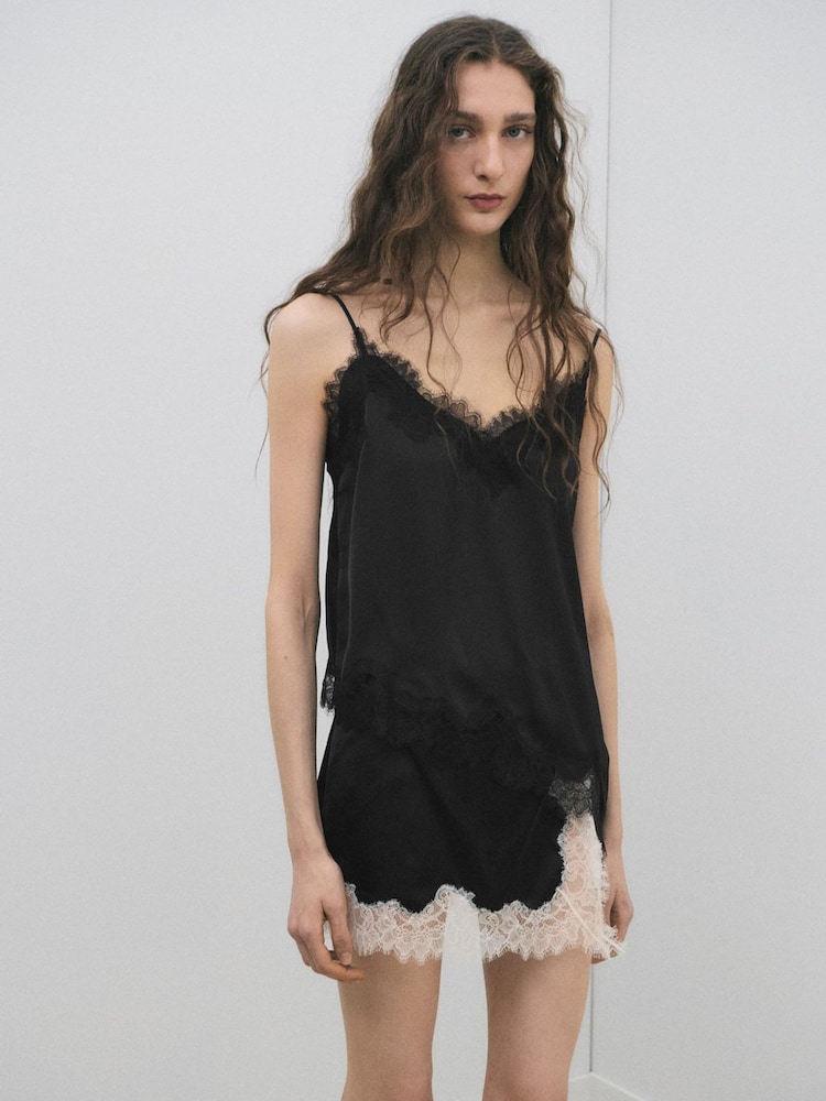 Mango Black Satin Lace Trim Asymmetric Cami Top - Image 2 of 7