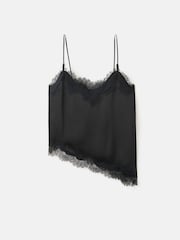 Mango Black Satin Lace Trim Asymmetric Cami Top - Image 6 of 7