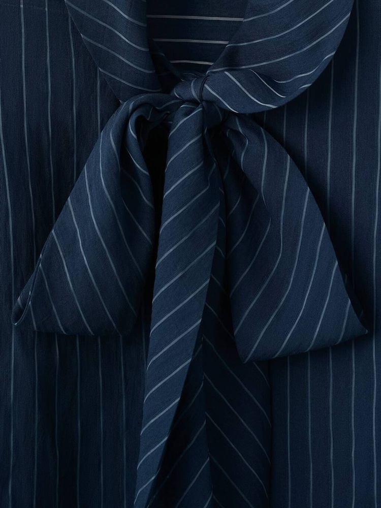 Mango Blue Tie Neck Stripe Long Sleeve Shirt - Image 2 of 2 Mango Blue Tie Neck Stripe Long Sleeve Shirt - Image 2 of 2