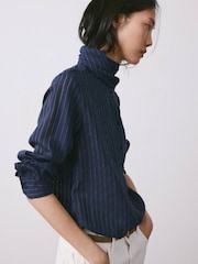 Mango Blue Tie Neck Stripe Long Sleeve Shirt - Image 3 of 6