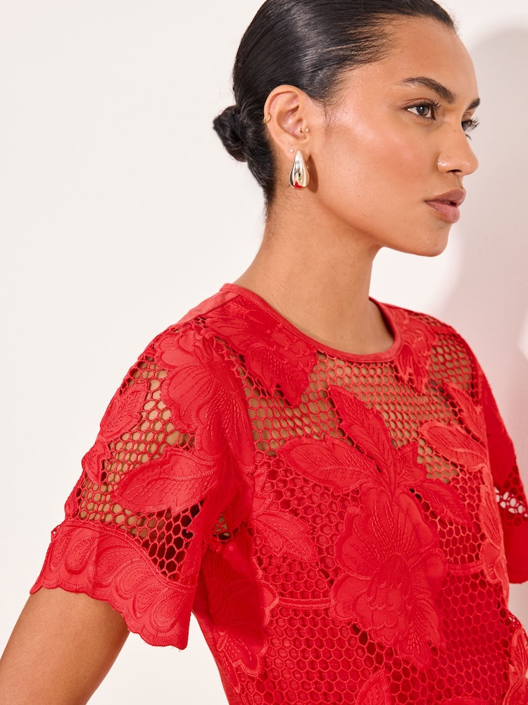 Lipsy Red Floral Crochet T-Shirt - Image 2 of 5