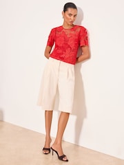 Lipsy Red Floral Crochet T-Shirt - Image 4 of 5