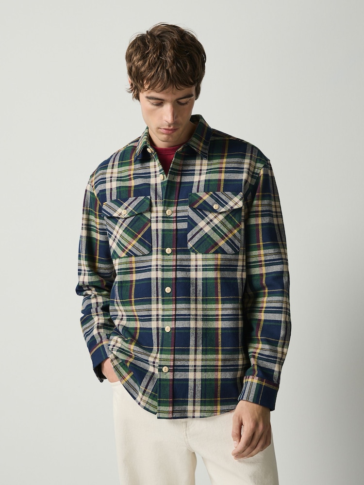 Navy Long Sleeve Check Overshirt - Image 1 of 8 Navy Long Sleeve Check Overshirt - Image 1 of 8