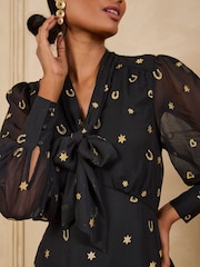 Love & Roses Black Novelty Embroidered Tie Neck Midi Dress - Image 2 of 4