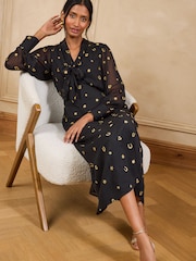 Love & Roses Black Novelty Embroidered Tie Neck Midi Dress - Image 3 of 4