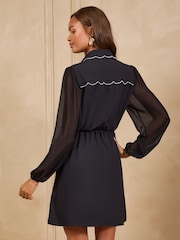Love & Roses Black Scallop Detail Button Down Mini Shift Dress - Image 2 of 4