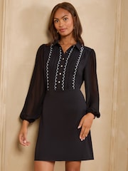Love & Roses Black Scallop Detail Button Down Mini Shift Dress - Image 4 of 4