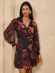Love & Roses Floral Devore Wrap Mini Dress - Bild 1 von 5