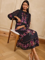 Love & Roses Pink Floral Placement Print Tiered Midi Dress - Image 3 of 5