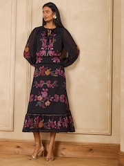 Love & Roses Pink Floral Placement Print Tiered Midi Dress - Image 4 of 5