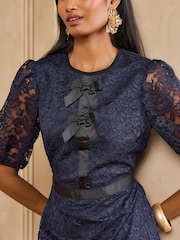 Love & Roses Navy Lace Bow Front Midi Dress - Image 2 of 5