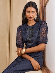 Love & Roses Navy Lace Bow Front Midi Dress - Image 3 of 5