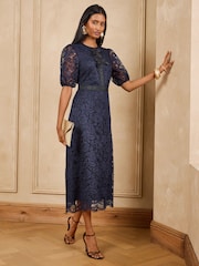Love & Roses Navy Lace Bow Front Midi Dress - Image 4 of 5