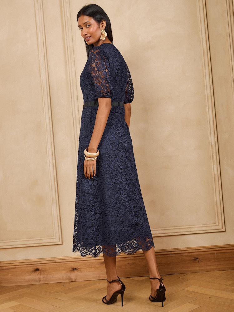 Love & Roses Navy Lace Bow Front Midi Dress - Image 5 of 5 Love & Roses Navy Lace Bow Front Midi Dress - Image 5 of 5